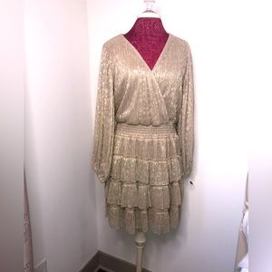 MSK Semi-Sheer Tiered Ruffle Faux Wrap 3/4 Sleeve Dress Shimmer Gold Siz…